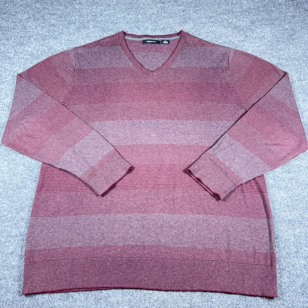Claiborne Mens XXL V-Neck Sweater Burgundy Gray Striped